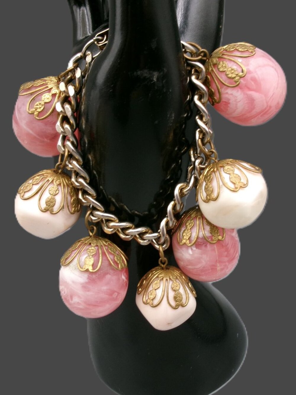Vintage Mid-Century Lucite Charm Bracelet, Chunky Filigree Capped Pink and White